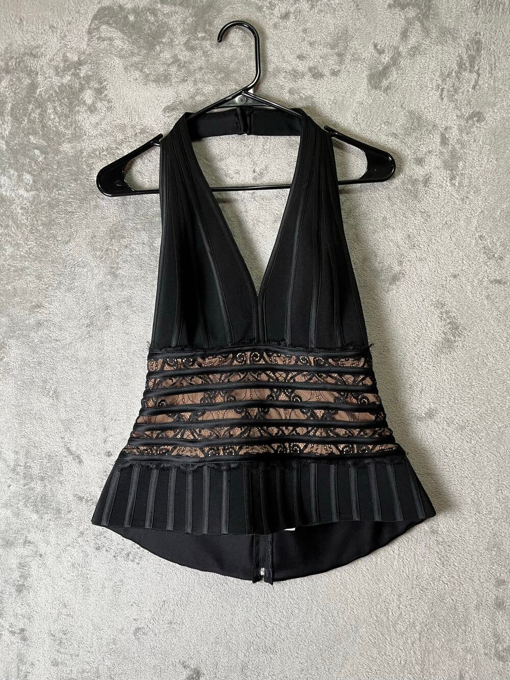 Vintage Y2K Black Corset Halter Top Lace Cutout Peplum Bustier Y2K Gothic Baddie
